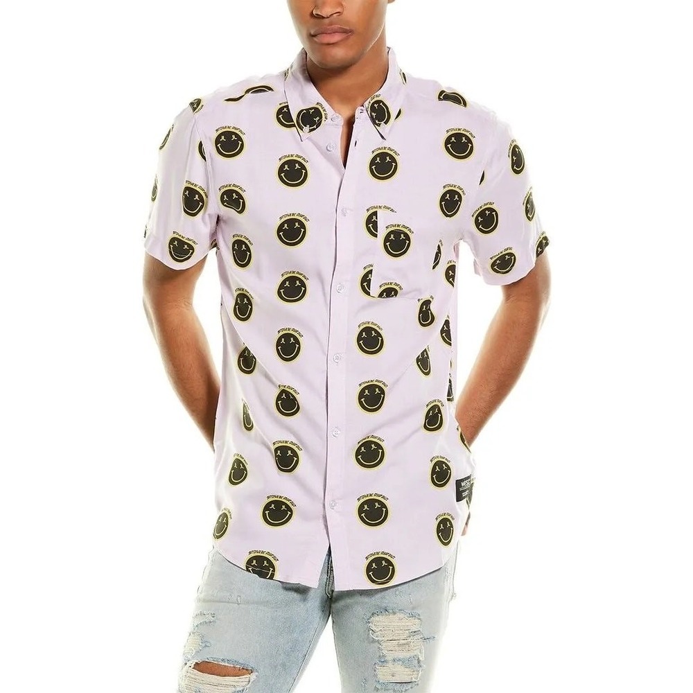 NWT WESC Oden Shirt Mens XXL Purple Smiley Print Button Front Happycore Y2K